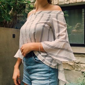 Pin stripe off the shoulder blouse